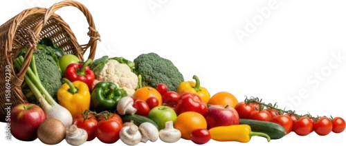 Panel kuchenny z motywem Abundant assortment of fresh vegetables and fruits spilling from wicker basket isolate
