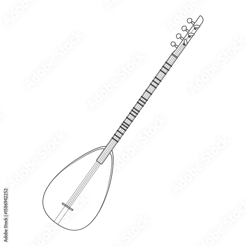 Line art illustration of a Turkish saz string instrument. Traditional folk music element in black and white style, great for coloring books, education, and cultural designs.