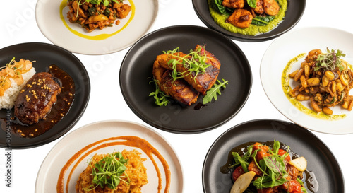 Wallpaper Mural Assortment of gourmet dishes featuring grilled meats rice and vegetables artfully presented on plates transparent background Torontodigital.ca