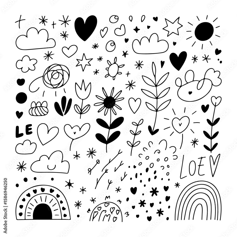 Fototapeta premium Cute Hand-Drawn Doodle Vector Set – Love, Nature & Weather Elements