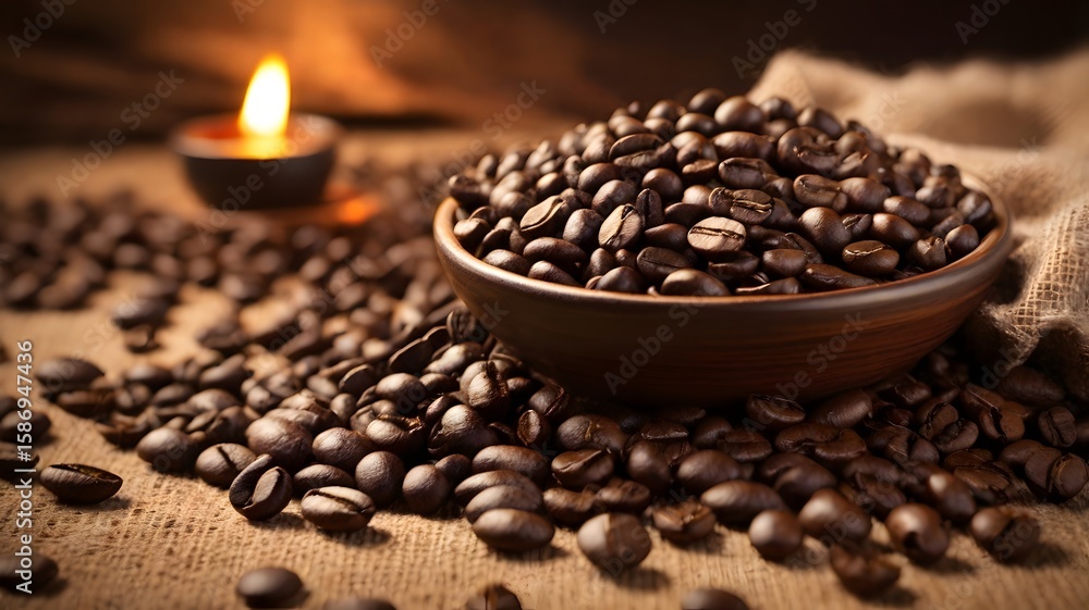 Fototapeta premium Roasted Coffee Beans Overflowing from Bowl with Candlelight Glow on Burlap