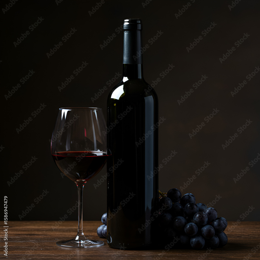 Fototapeta premium Red Wine Bottle and Glass, Elegant Still Life