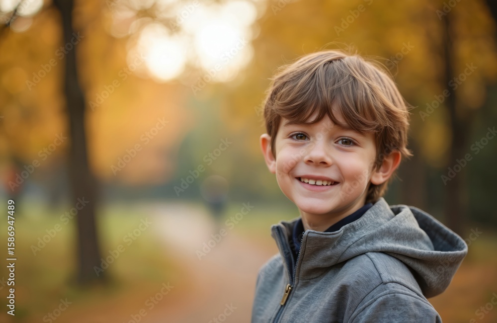 Portrait of happy ten-year-old boy smiling outdoors in autumn park. Wears grey hooded sweater, brown hair. Background features blurred trees with yellow foliage, suggesting cozy fall season vibe for Portrait of happy ten-year-old boy smiling outdoors in autumn park. Wears grey hooded sweater, brown hair. Background features blurred trees with yellow foliage, suggesting cozy fall season vibe for