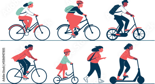 People riding bicycles and scooters in coral blue and mint transportation