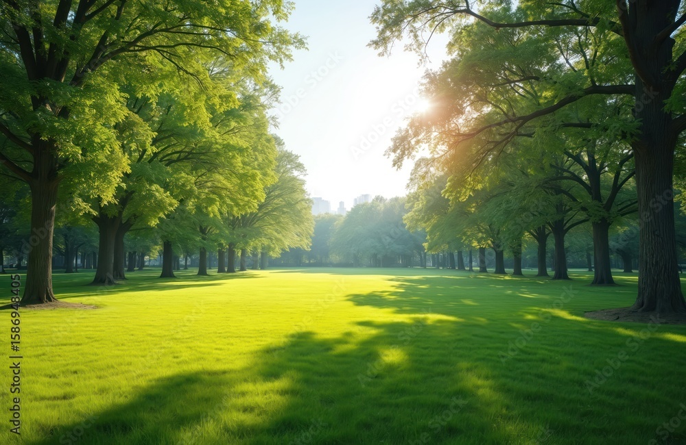 Obraz premium Vibrant sunny park landscape showcases lush green grass and mature trees bathed in sunlight. Peaceful atmosphere with dappled shade from trees. Perfect for relaxation, picnics, and outdoor recreation.