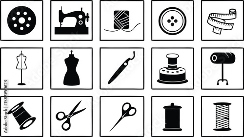 Sewing supplies collection with sewing machine and fabric tools thread button
