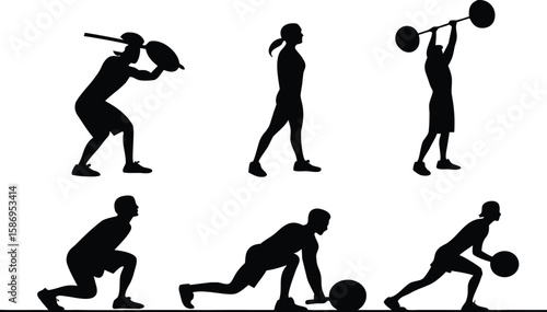 Silhouettes of people performing various weightlifting exercises fitness