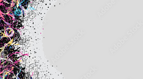 Abstract colorful artistic background with swirls splatters and scribbles on a light grey canvas.