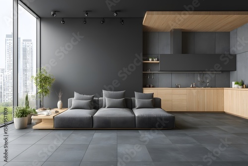 Modern open-plan living area with gray couch and wooden kitchen.