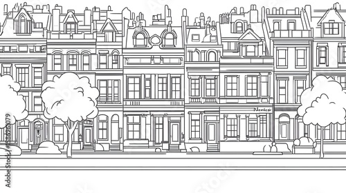 Wallpaper Mural Detailed line drawing of a city street scene with buildings and trees. Torontodigital.ca