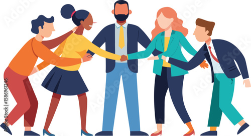 Diverse group of people in colorful clothing shaking hands in a circle diversity handshake