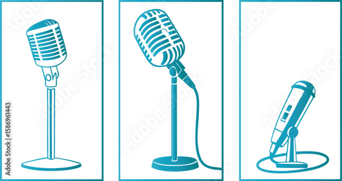 Vintage microphones on stands in teal gradient retro audio