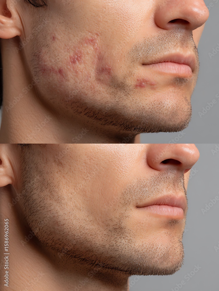 Obraz premium Comparison of the chin skin of Latino men with acne before and after treatment, suitable for acne treatment brands or anti-inflammatory gels.