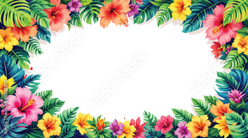Colorful tropical floral border with hibiscus flowers and lush green leaves for design.