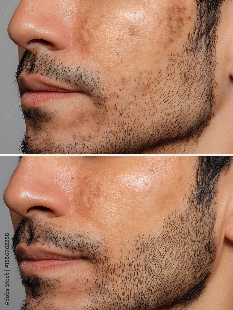 Obraz premium male cheek close-up, visible dark spots and uneven tone before vs smooth, even-toned skin after treatment, latin male