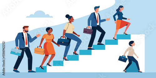 Diverse group of business people climbing stairs with briefcases in a flat design style
