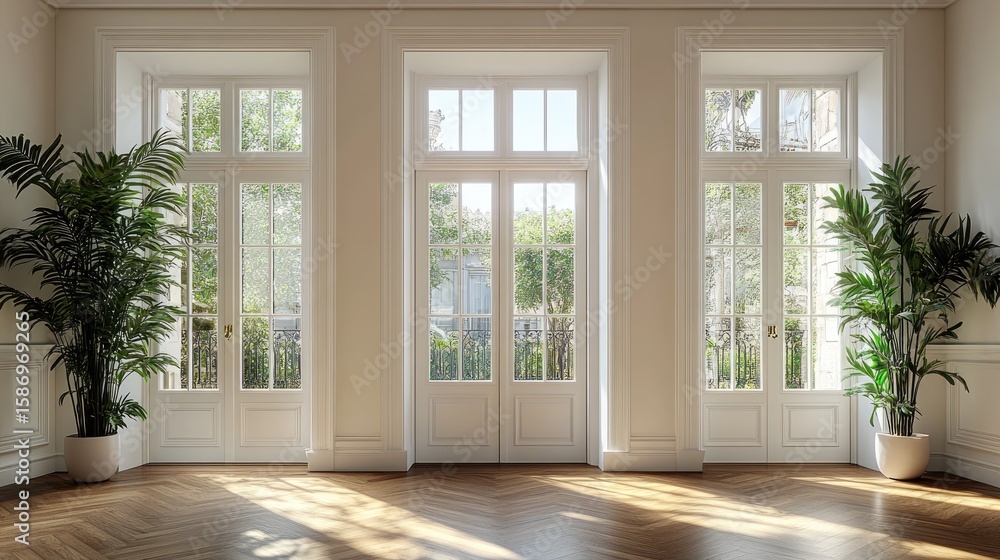 Fototapeta premium Elegant interior with french doors, herringbone wood floor, and potted palm trees evoking a sense