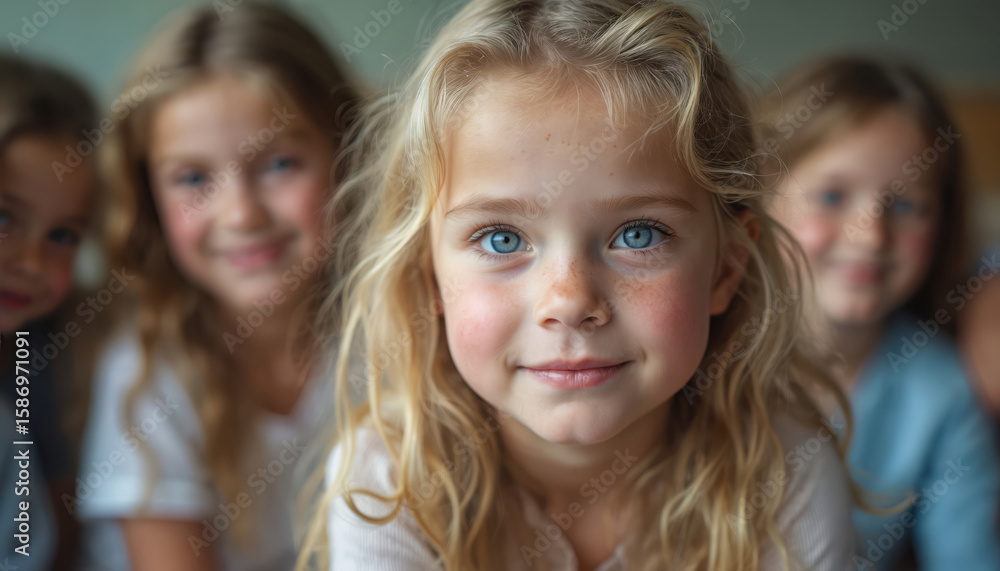 Young blonde girl with blue eyes, freckles looks at camera. With children in group, blurred background. Face in sharp focus, smiling happily. Innocent childhood moment captured in school classroom Young blonde girl with blue eyes, freckles looks at camera. With children in group, blurred background. Face in sharp focus, smiling happily. Innocent childhood moment captured in school classroom