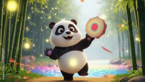 A joyful cartoon panda with a tambourine in a magical bamboo forest