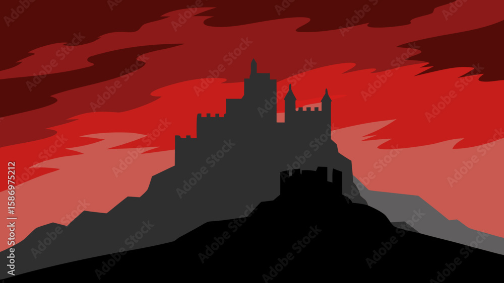 Background Scene of a Castle Ruin Silhouette Perched on a Hilltop Sunset Background Scene of a Castle Ruin Silhouette Perched on a Hilltop Sunset