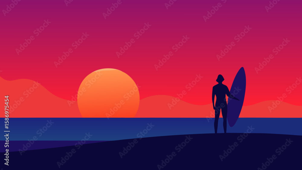 Fototapeta premium Background Scene of a Lone Surfer Silhouette at Sunset Ocean Beach Art