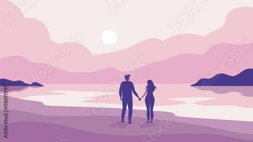 Background Scene of a Couple Silhouettes Walking on the Beach at Sunset