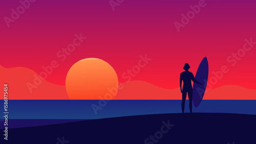 Background Scene of a Lone Surfer Silhouette at Sunset Ocean Beach Art