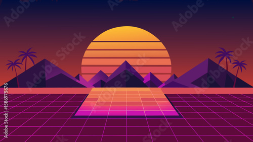 Isometric Game Background a Three Dimensional Sunset Illustration Design