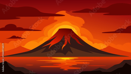 Dramatic Volcanic Sunset Background Scene Featuring an Explosive Landscape