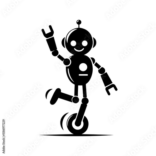 A cheerful robot dancing with one wheel and antennas