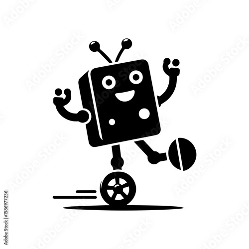 A cheerful robot dancing with one wheel and antennas