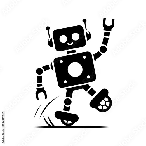 A cheerful robot dancing with one wheel and antennas