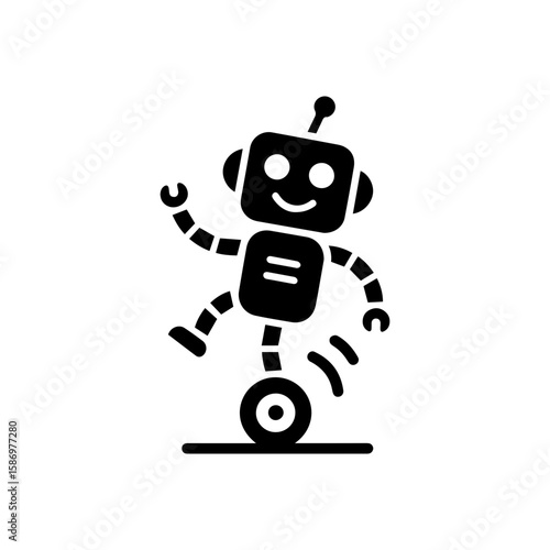 A cheerful robot dancing with one wheel and antennas