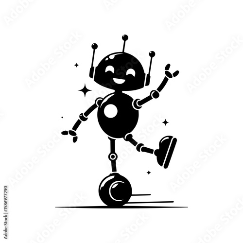 A cheerful robot dancing with one wheel and antennas