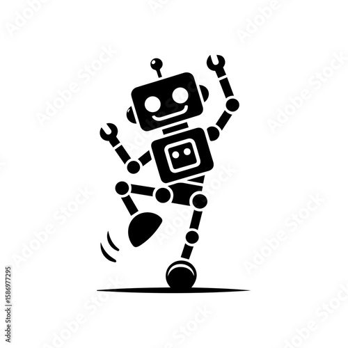 A cheerful robot dancing with one wheel and antennas