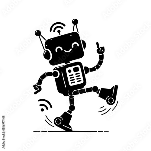 A cheerful robot dancing with one wheel and antennas