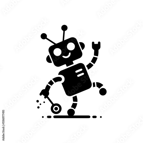 A cheerful robot dancing with one wheel and antennas