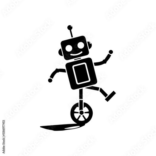 A cheerful robot dancing with one wheel and antennas