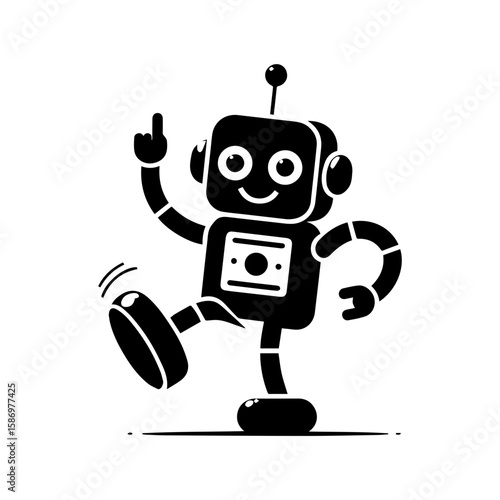 A cheerful robot dancing with one wheel and antennas