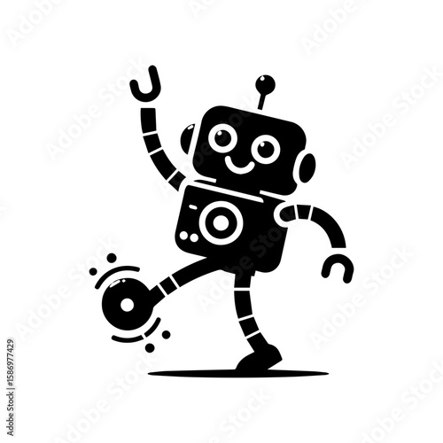 A cheerful robot dancing with one wheel and antennas