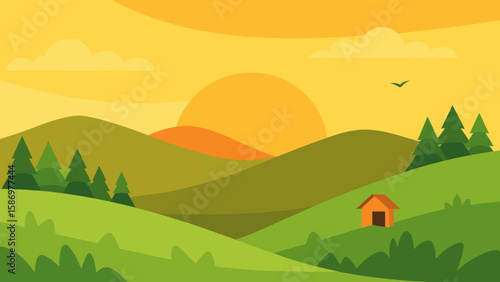 Vector Art Background Scene Golden Hour Rolling Hills Peaceful Serene