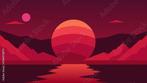 Ethereal Alien Landscape Large Glowing Sun Sci Fi Futuristic Horizon