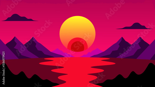 Flat Graphic Alien Landscape Bold Red Fuchsia Sci Fi Artistic Vision