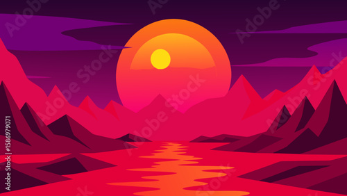 Vivid Stark Alien Panorama Fiery Red Sky Futuristic Landscape Sci Fi Art