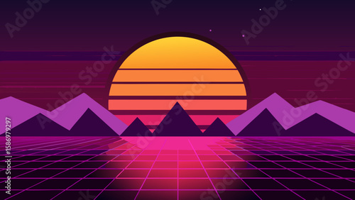 Flat Design Distant Planet Sunset Landscape Alien Sci Fi Horizon Artwork