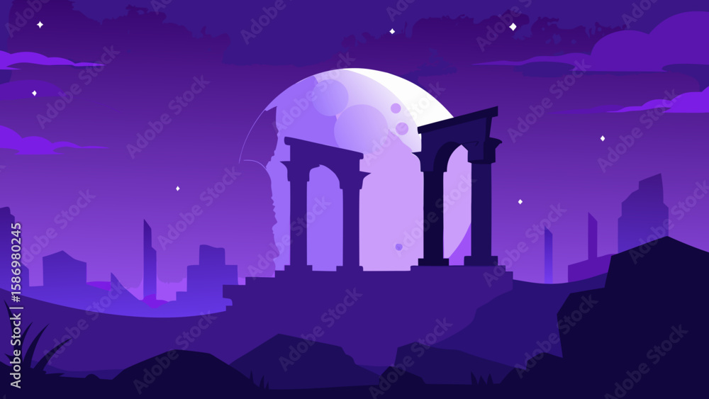 Fototapeta premium Ancient Ruins Silhouetted Against Sunset Background Scene for Digital Art