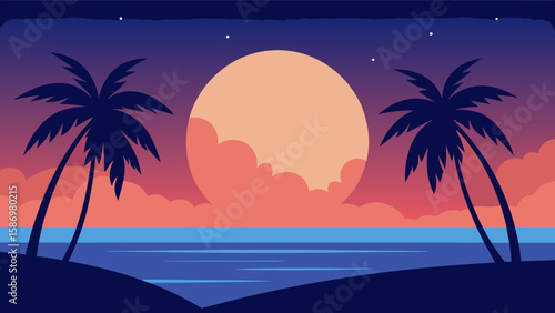 Tropical Beach Moonrise Silhouette Background Scene for Digital Art