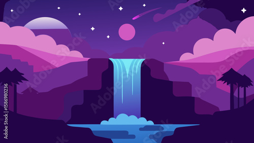 Waterfall Scene at Dusk Lush Foliage Background for Digital Art