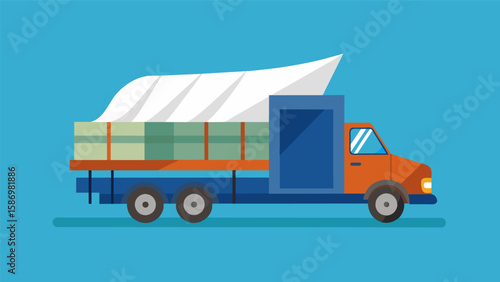 The trucks contents are covered with a tarp protecting the premade components from any potential damage during the delivery process.. Vector illustration