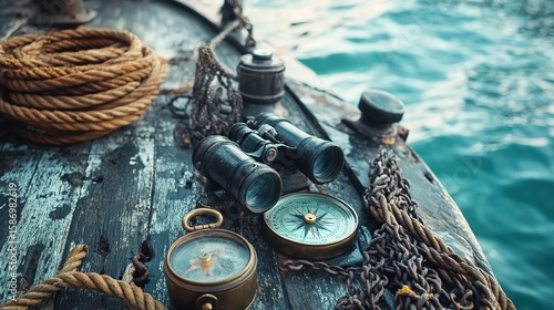 Vintage nautical instruments on a weathered wooden deck.